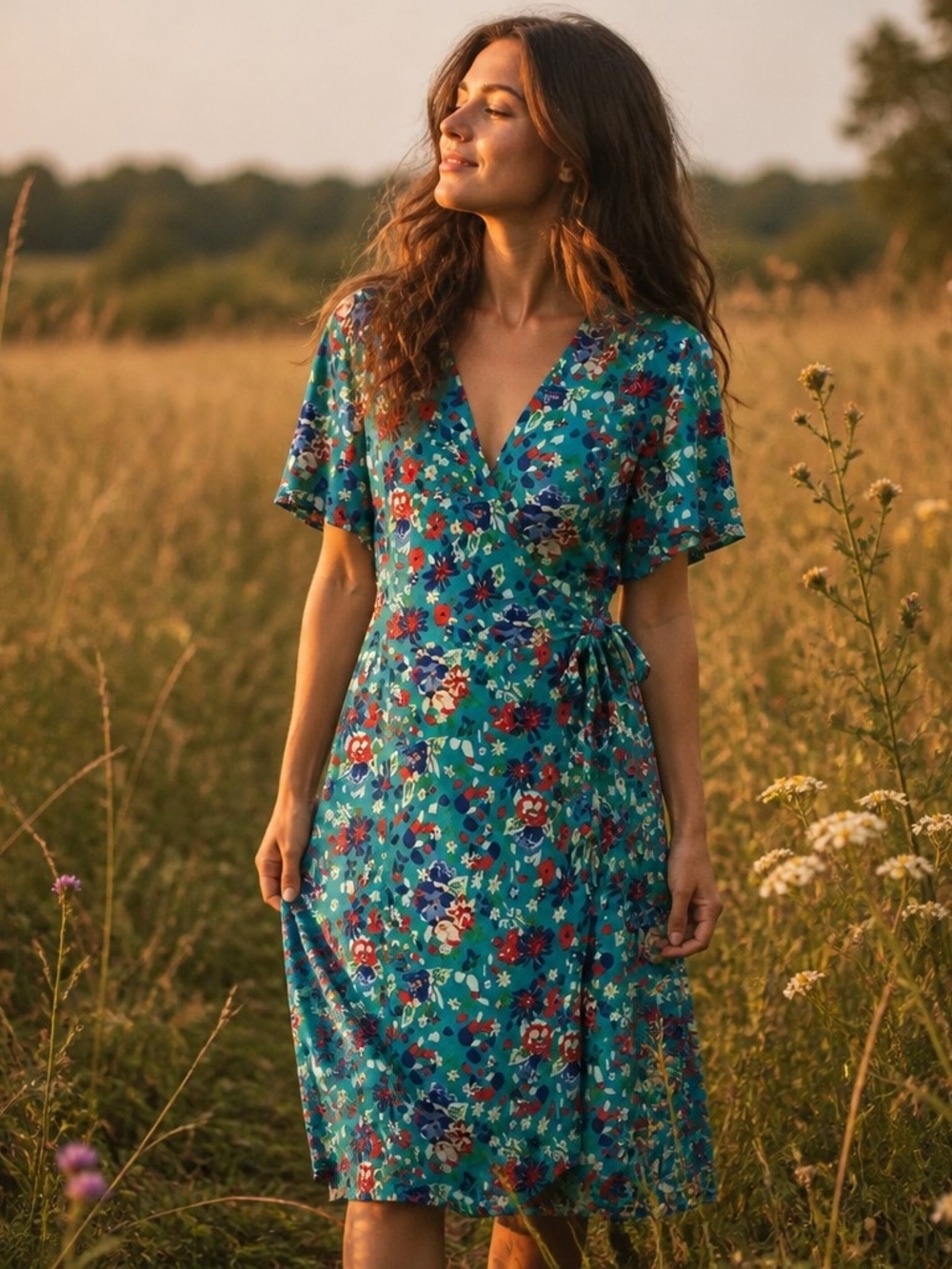 J. Crew Teal Floral Wrap Dress with Red and Blue Blooms